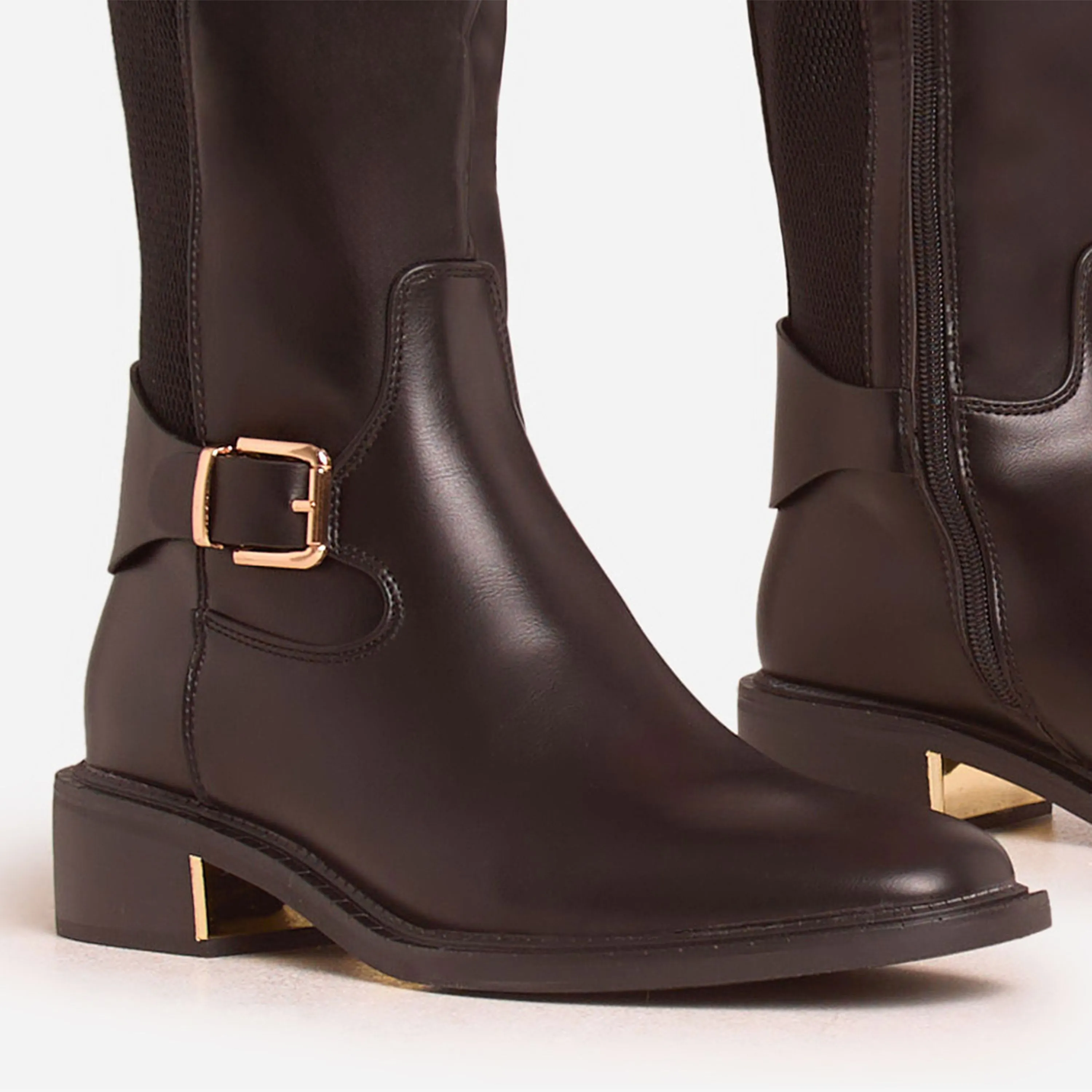 Latte Buckle Detail Gold Plate Knee High Long Boot In Black Faux Leather