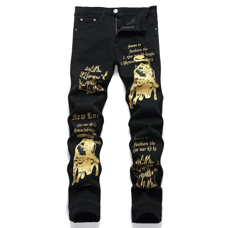 Men's Black Denim Printed Pattern Mid Waist Streetwear Skinny Jeans