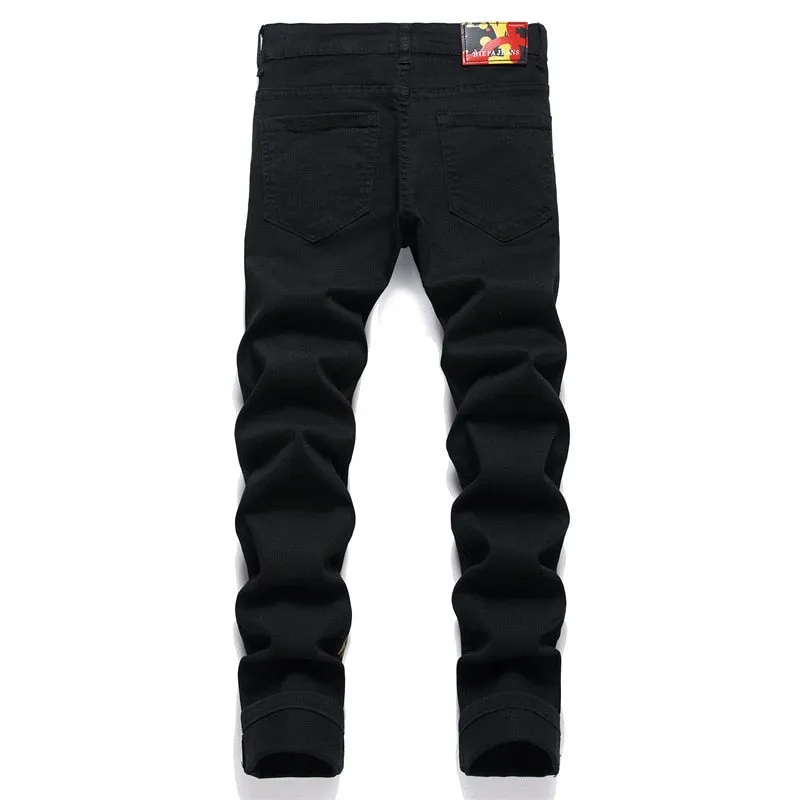 Men's Black Denim Printed Pattern Mid Waist Streetwear Skinny Jeans