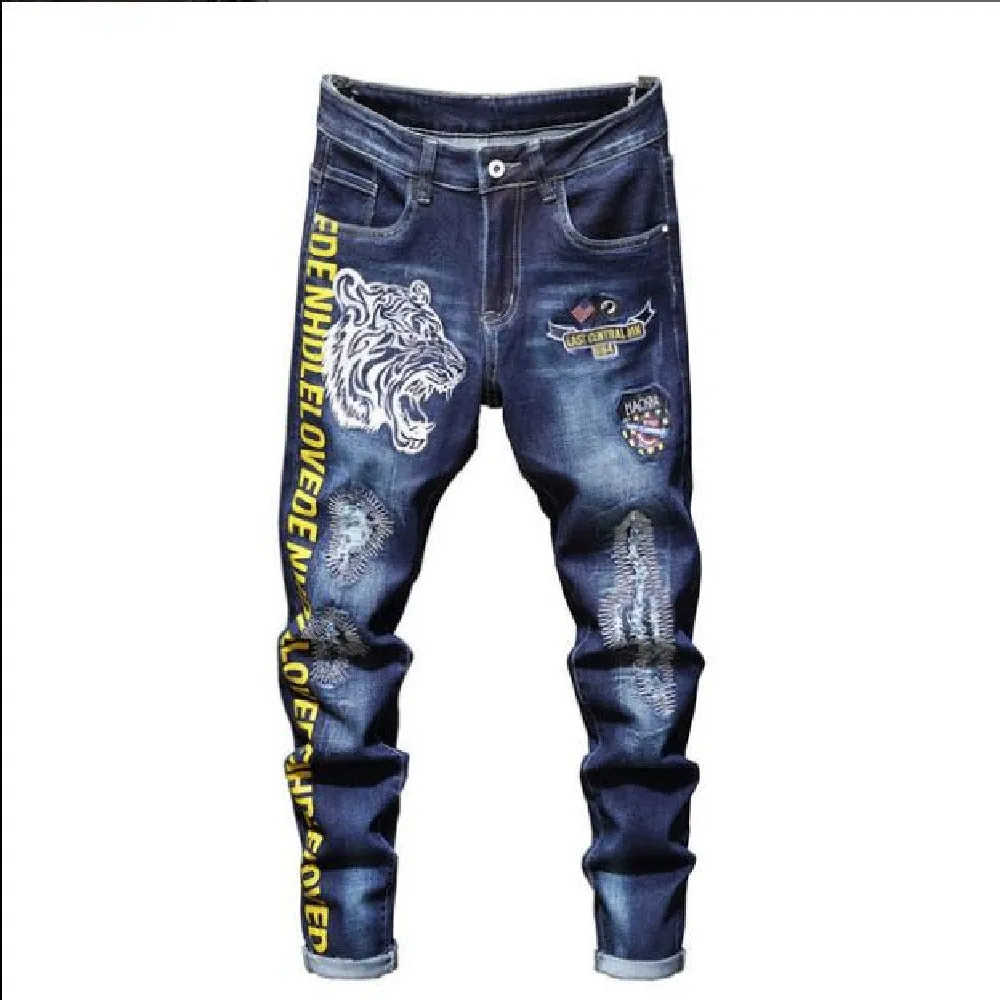 Men's Hip Hop Style Hole Patch Embroidery Mid Waist Straight Leg Jeans