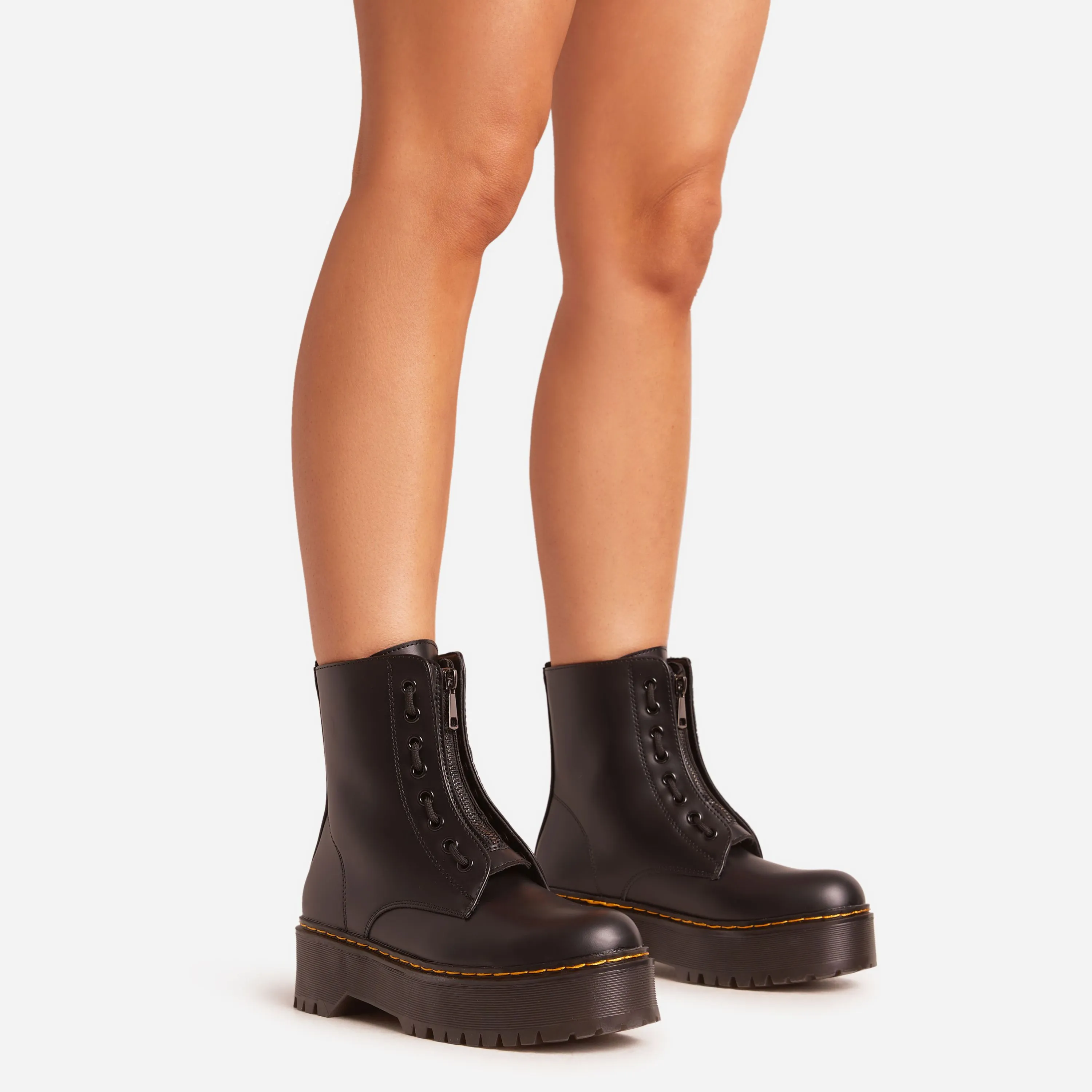 Nico Contrast Stritch Detail Zip Up Front Chunky Ankle Biker Boot In Black Faux Leather