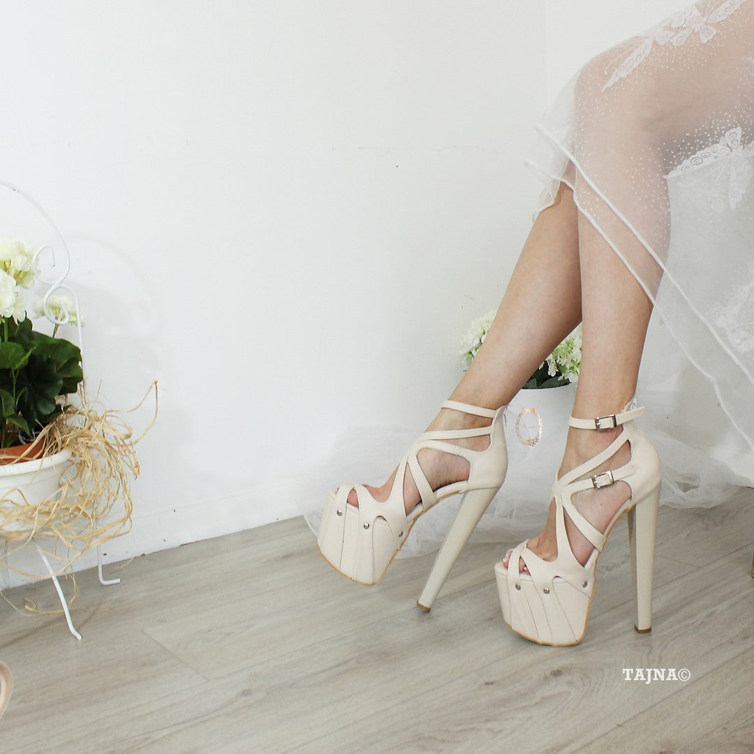 Nude Cream Chunky Heel Cross Strap Platforms