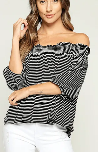 Off Shoulder Ribbed Top - Black/White