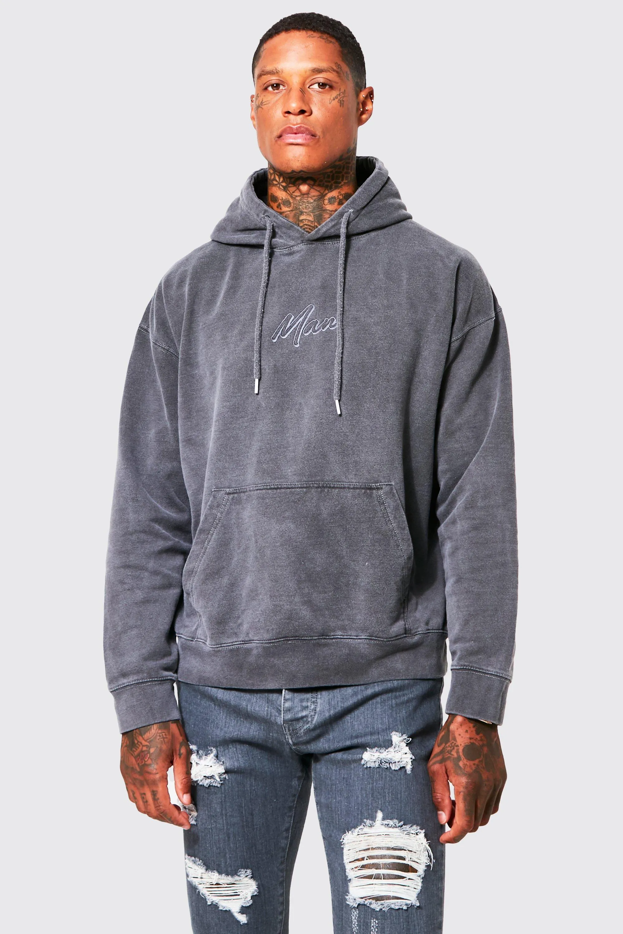 Oversized Man Script Washed Hoodie | boohooMAN UK