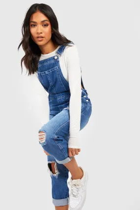 Petite Mid Blue Distressed 3/4 Overalls