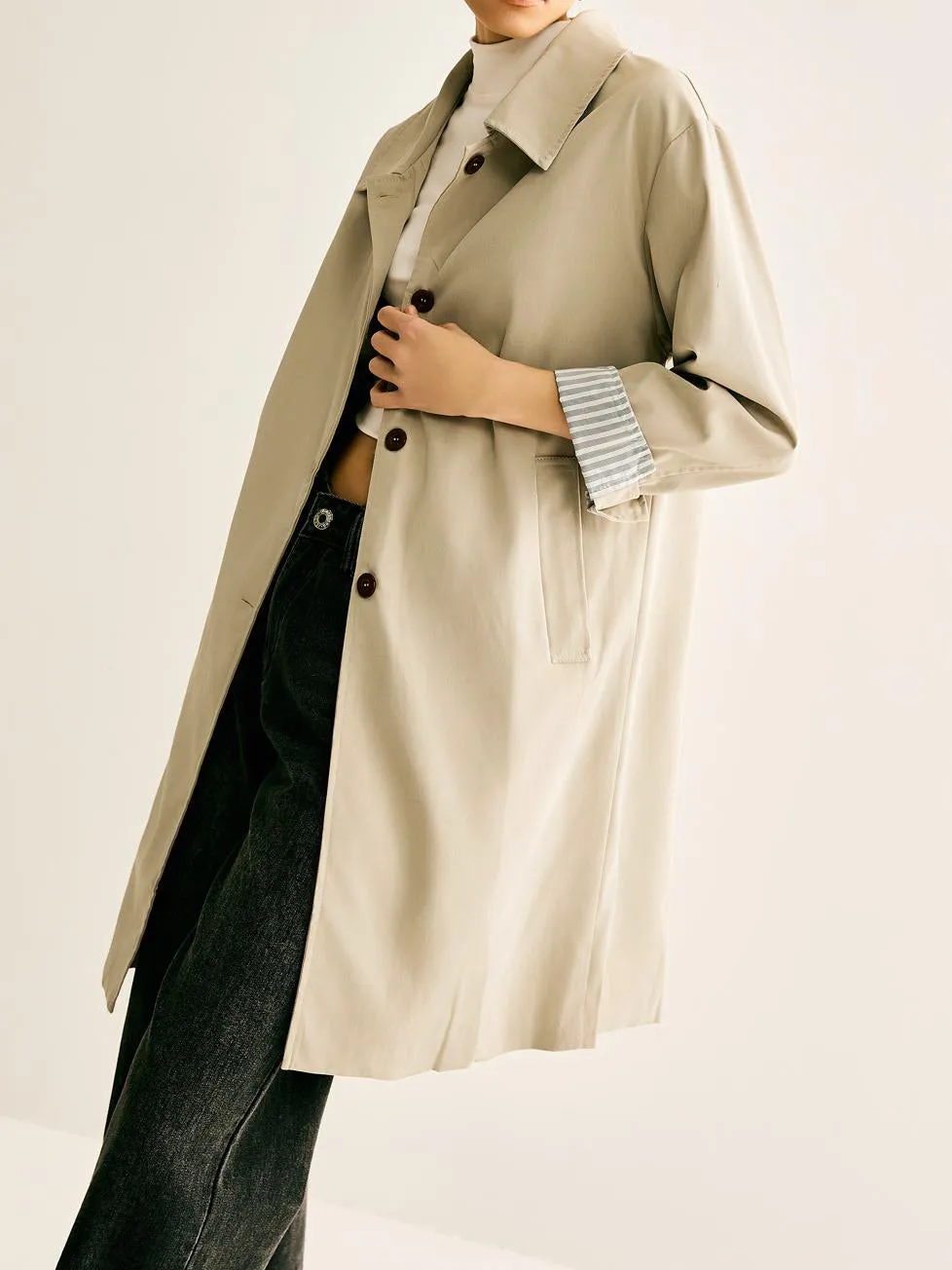 Pinstripe-Cuff Long Trench Coat