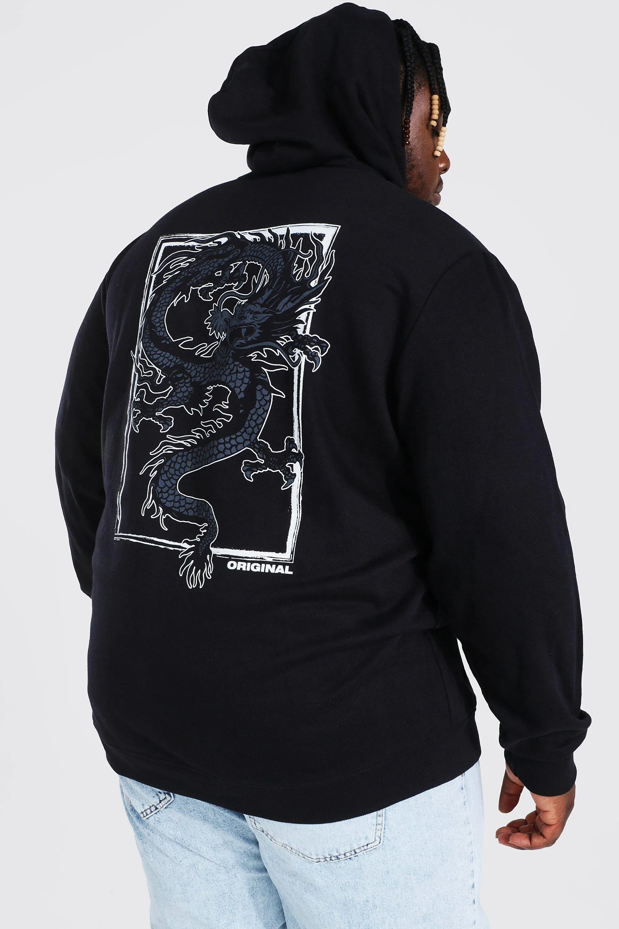 Plus Dragon Back Print Hoodie | boohooMAN UK