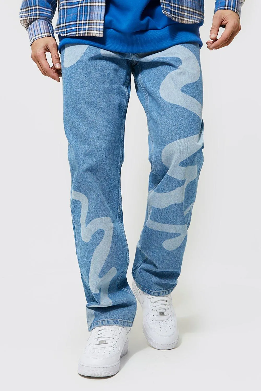 Relaxed Fit Laser Swirl Print Jeans | boohooMAN UK