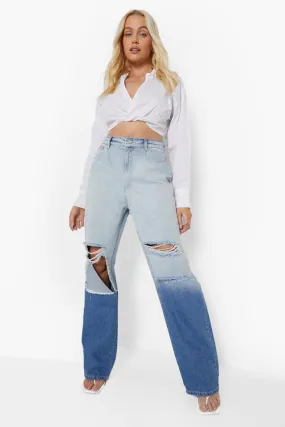 Ripped Knee Ombre Wide Leg Jeans