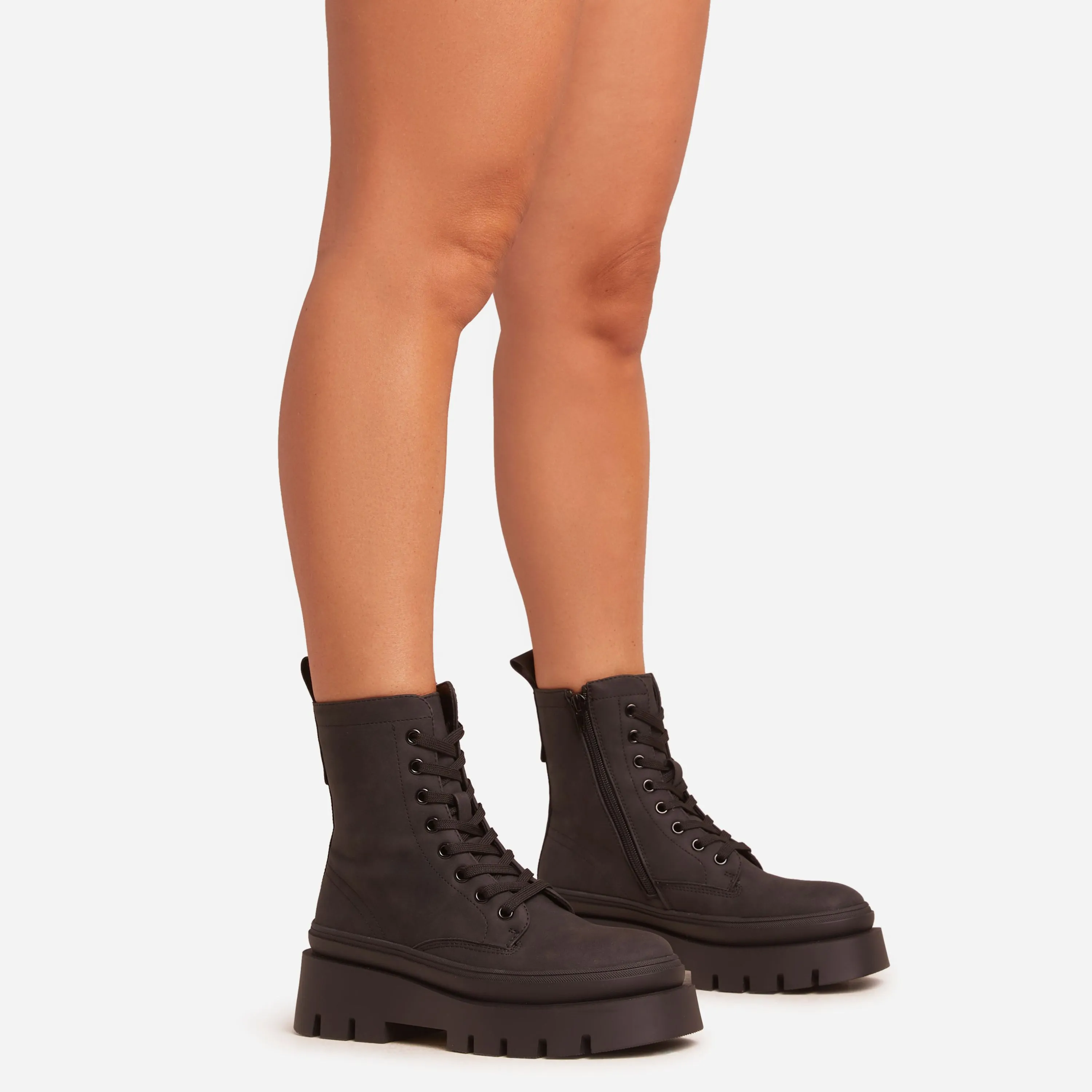 Rumi Lace Up Chunky Sole Ankle Biker Boot In Black Faux Suede