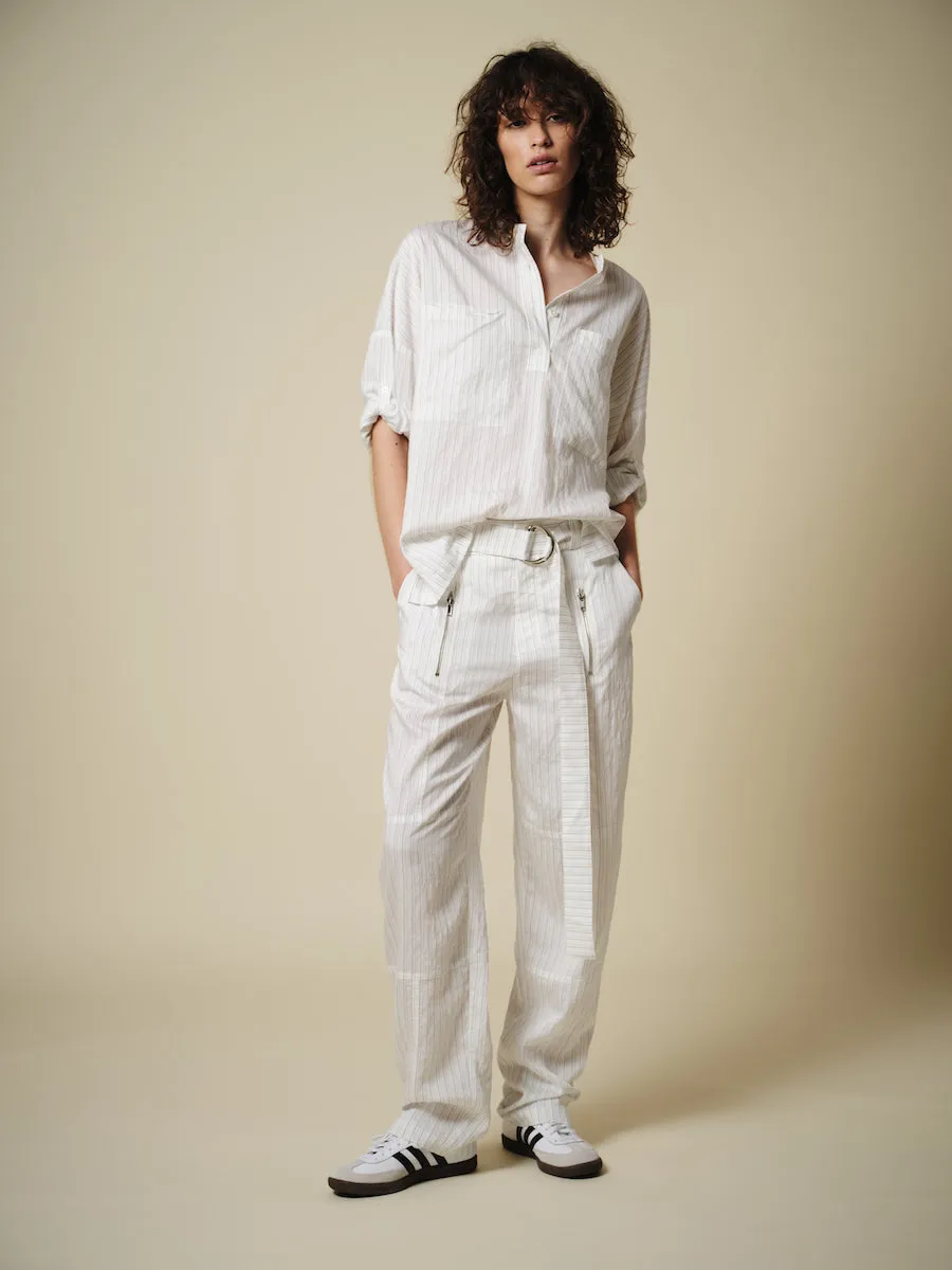 Saint Art Marina Long Sleeve Blouse in Off-White Crepe Pinstripe