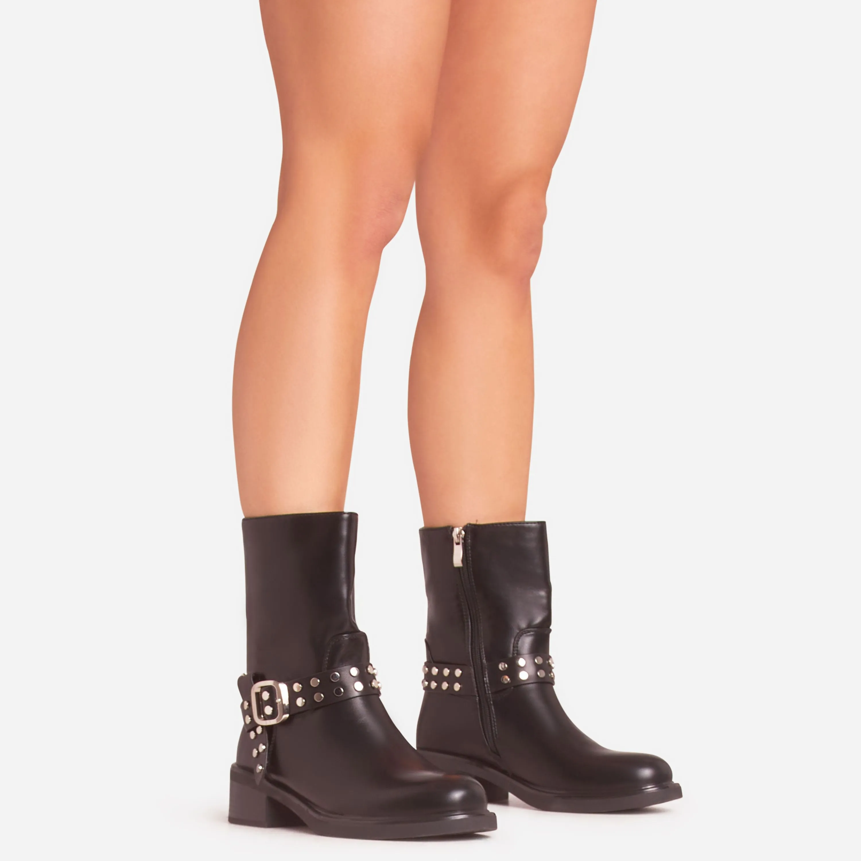 Scott Studded Buckle Detail Ankle Biker Boot In Black Faux Leather