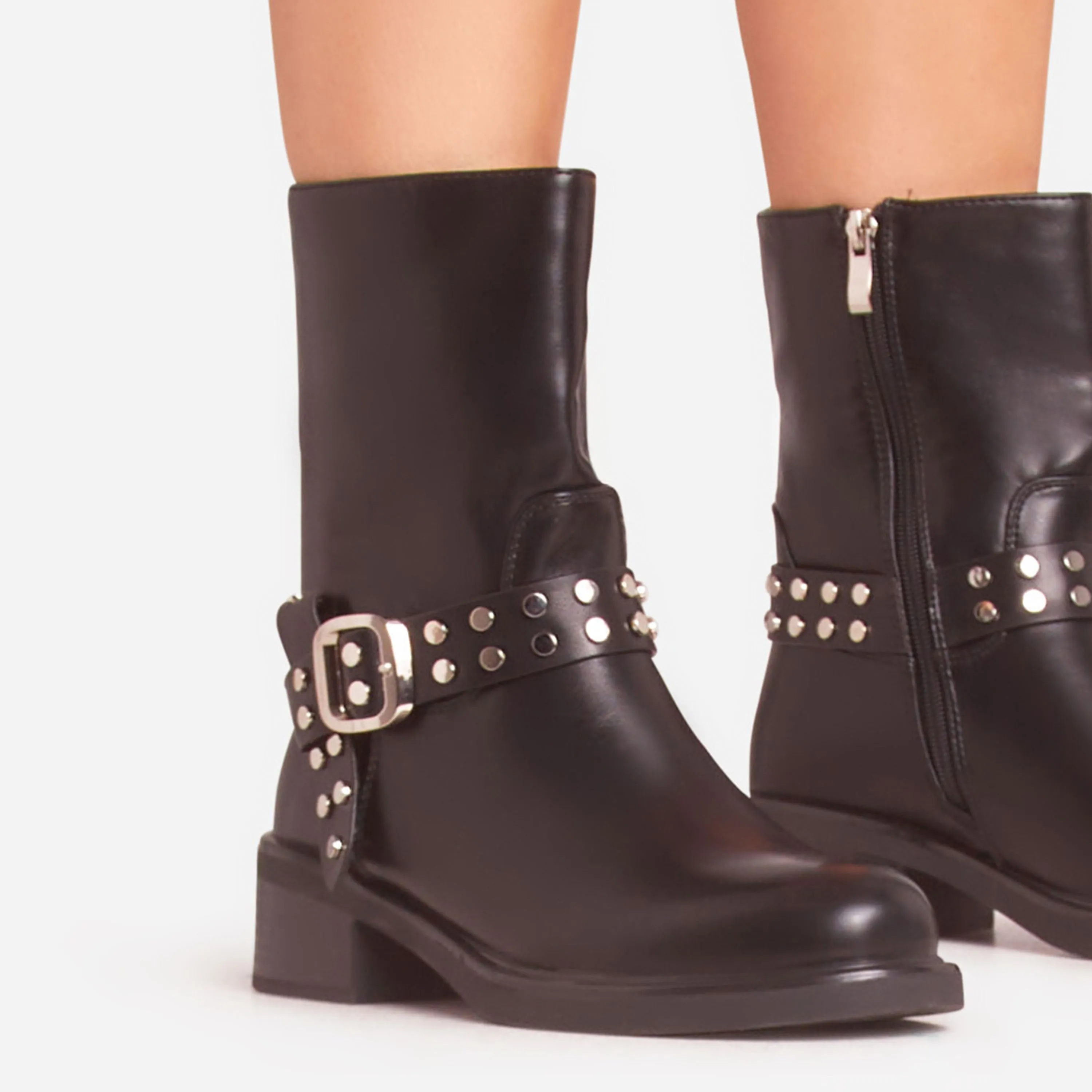 Scott Studded Buckle Detail Ankle Biker Boot In Black Faux Leather