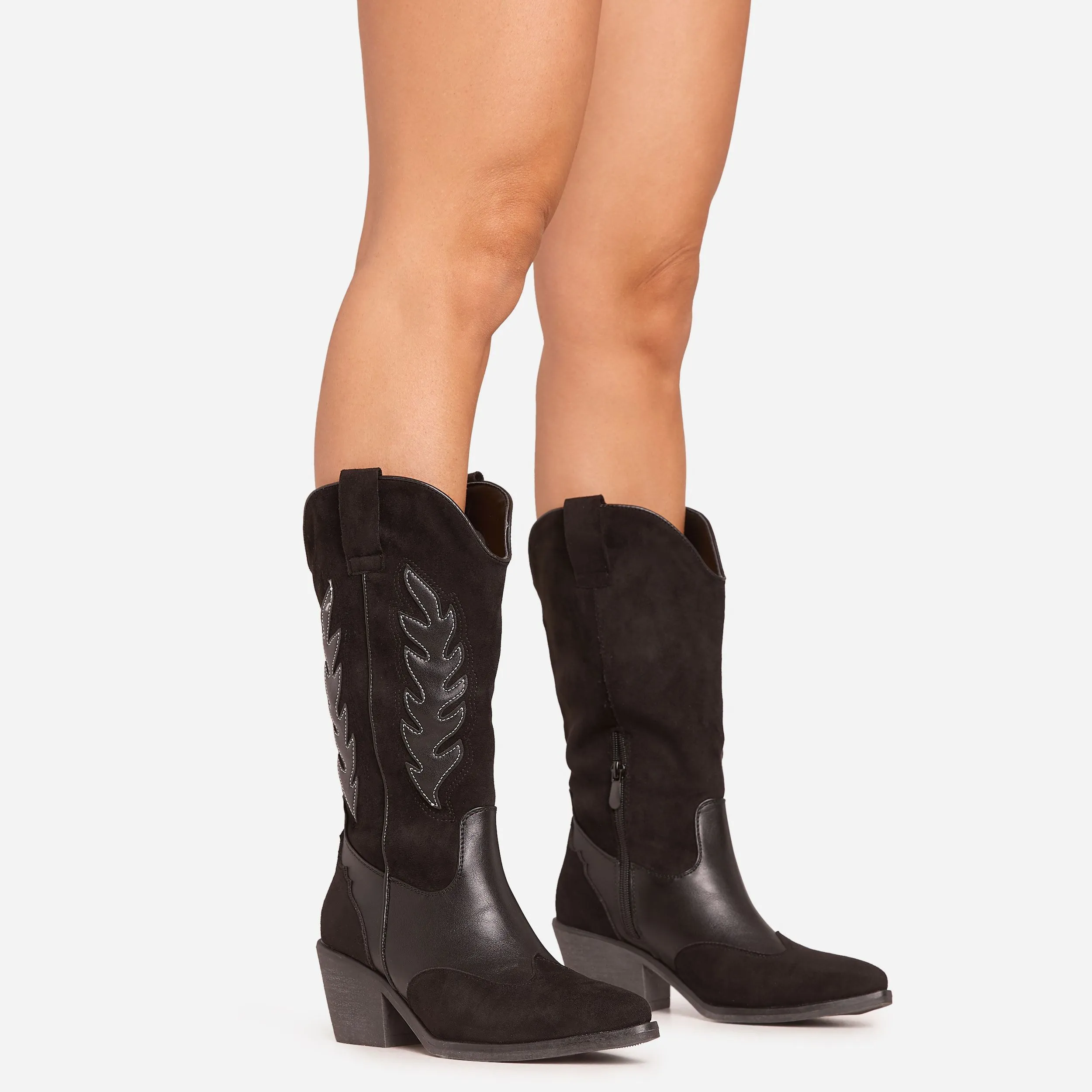 Sparrow Embroidered Detail Pointed Toe Mid Calf Western Cowboy Boot In Black Faux Leather