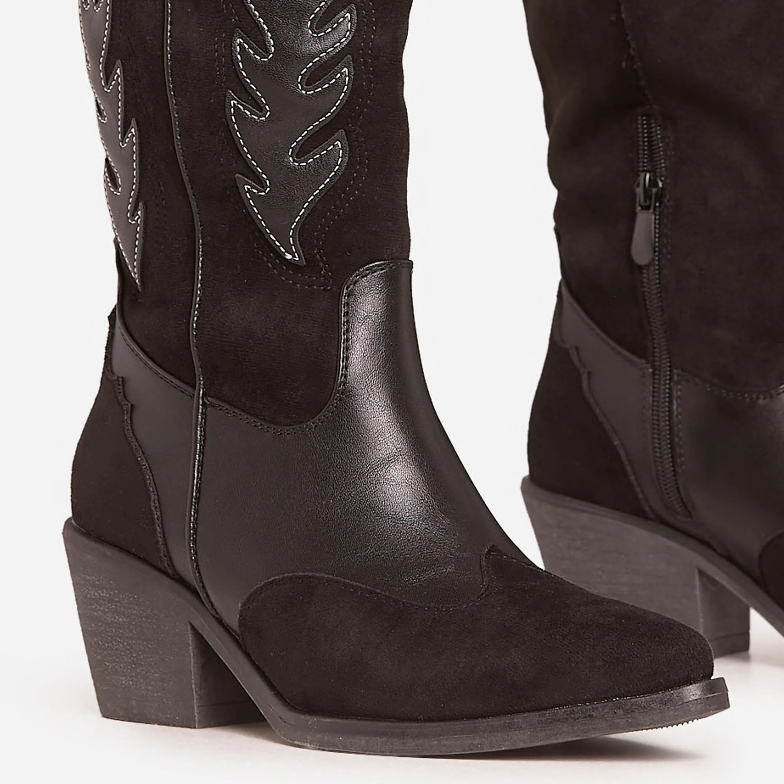 Sparrow Embroidered Detail Pointed Toe Mid Calf Western Cowboy Boot In Black Faux Leather