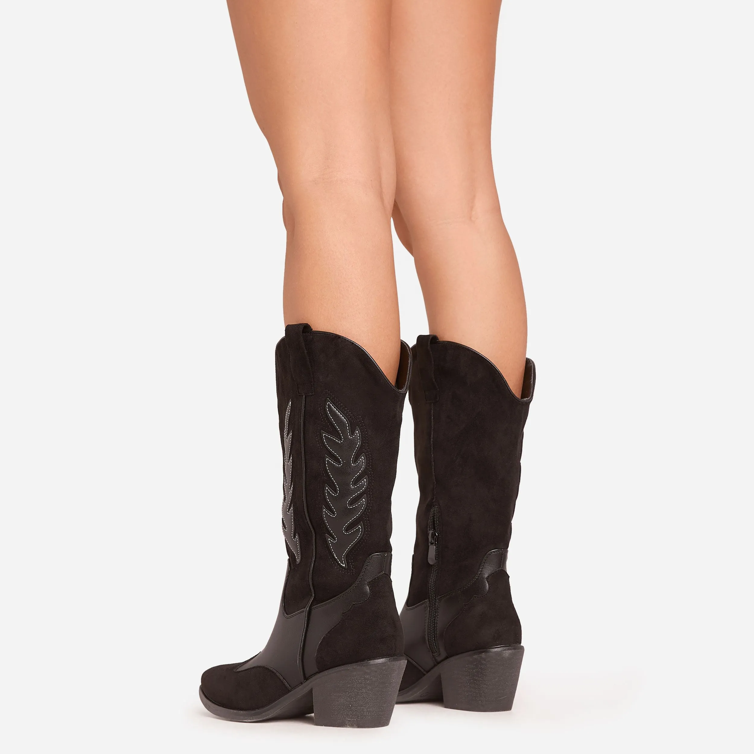 Sparrow Embroidered Detail Pointed Toe Mid Calf Western Cowboy Boot In Black Faux Leather