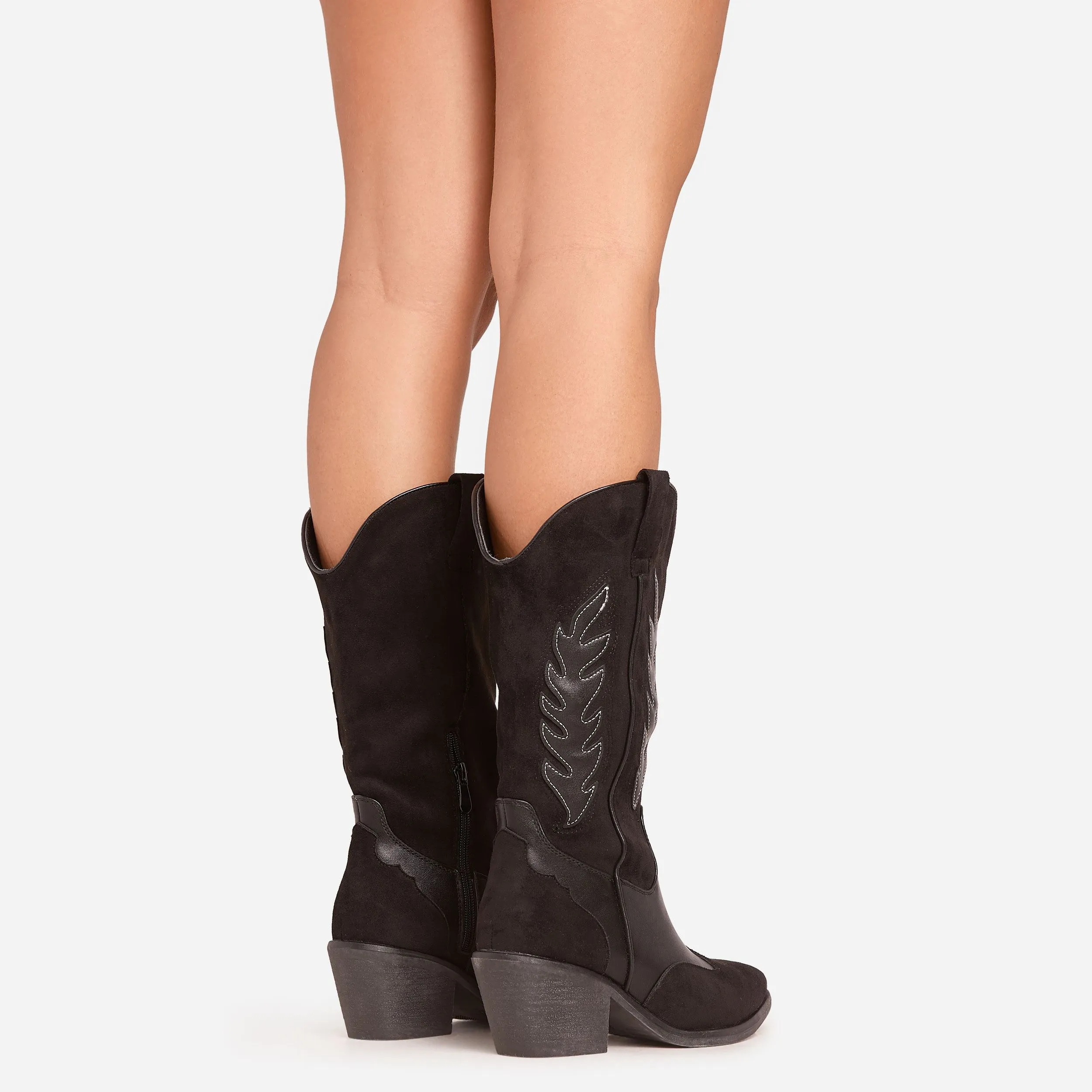 Sparrow Embroidered Detail Pointed Toe Mid Calf Western Cowboy Boot In Black Faux Leather