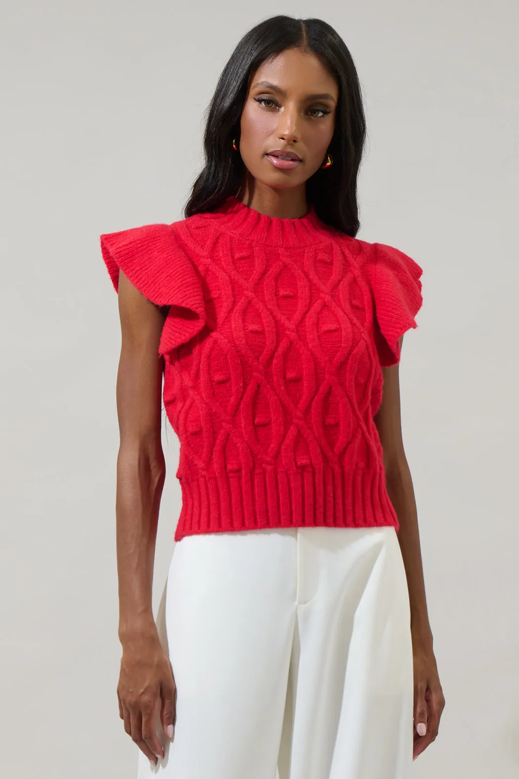 Tatum Flutter Sleeve Cable Knit Sweater Top