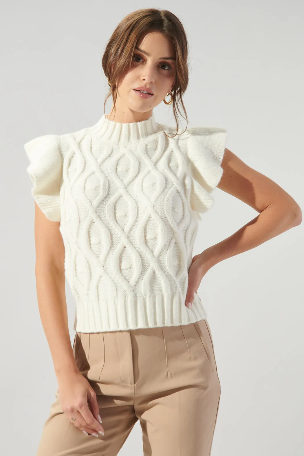 Tatum Flutter Sleeve Cable Knit Sweater Top