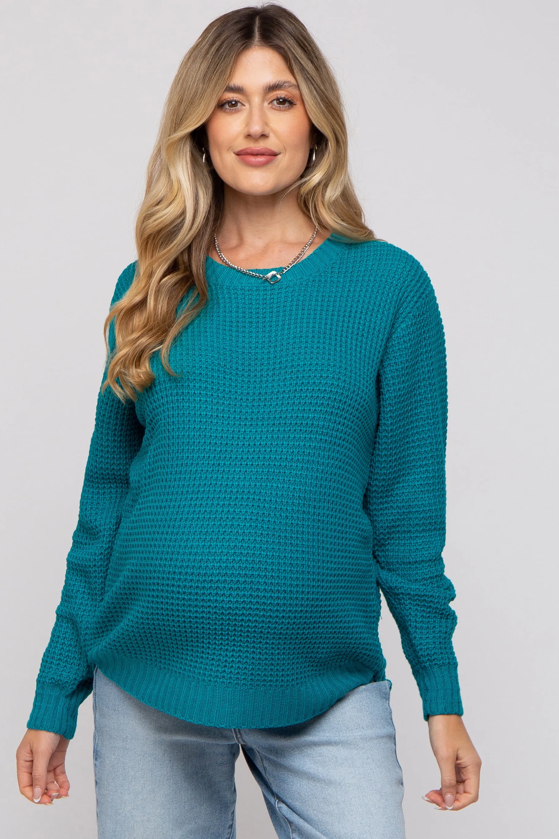 Teal Waffle Knit Round Hem Maternity Sweater