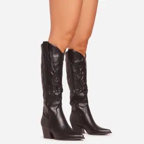 Tod Embroidered Pointed Toe Knee High Long Western Cowboy Boot In Black Faux Leather