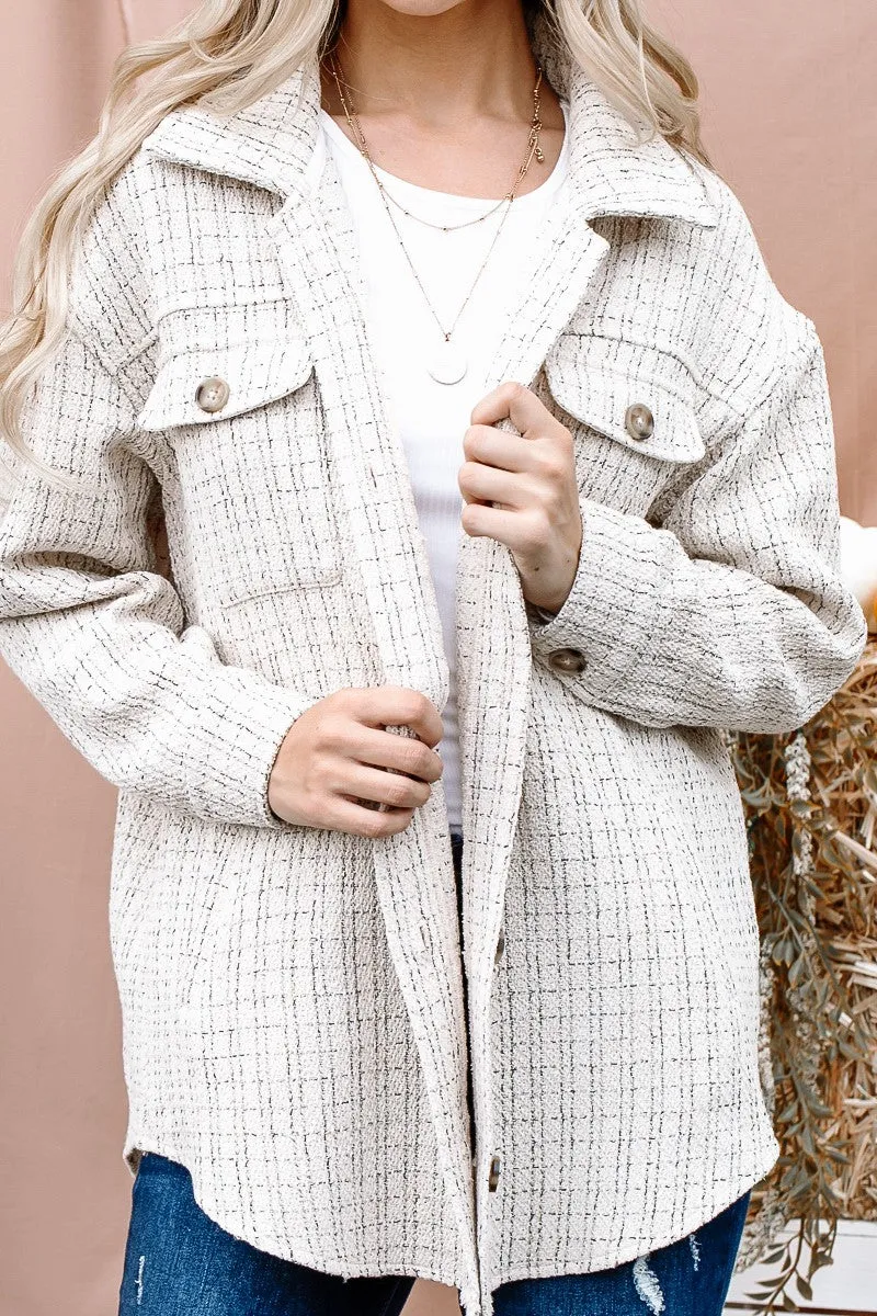 Tweed Button Down Shirt Jacket (Beige)