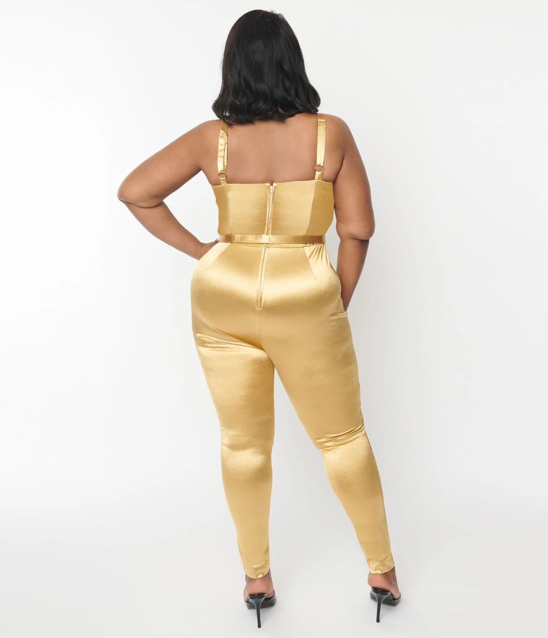 Unique Vintage 1970s Gold Spandex Belted Jumpsuit