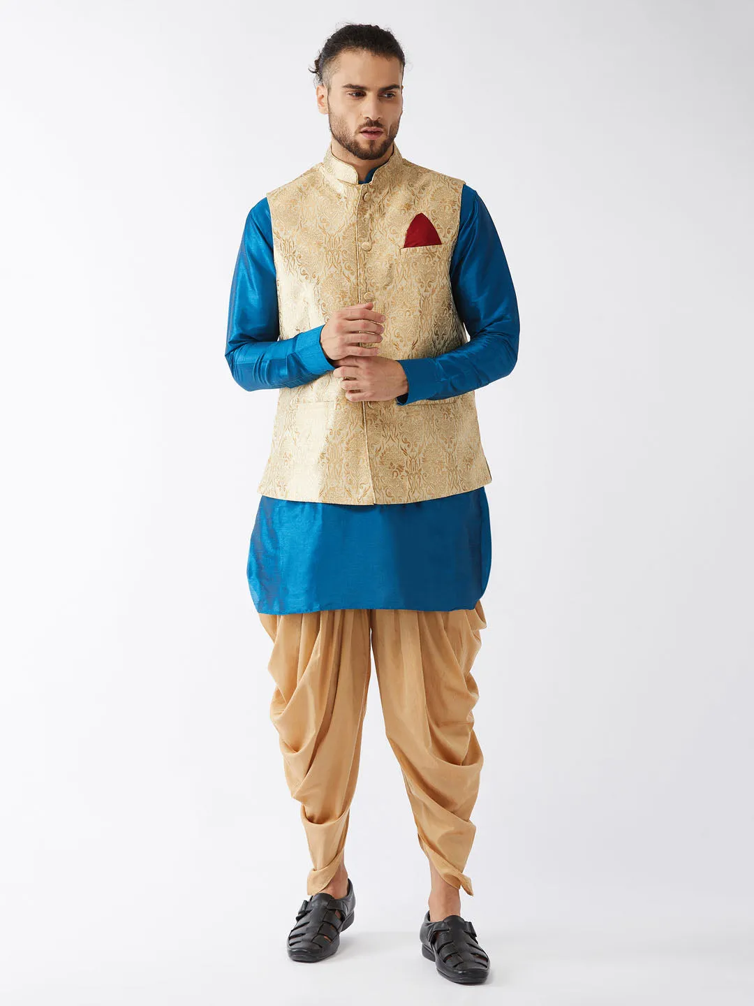 VM By VASTRAMAY Men's Rose Gold Jacquard Jacket With Kurta Dhoti Set