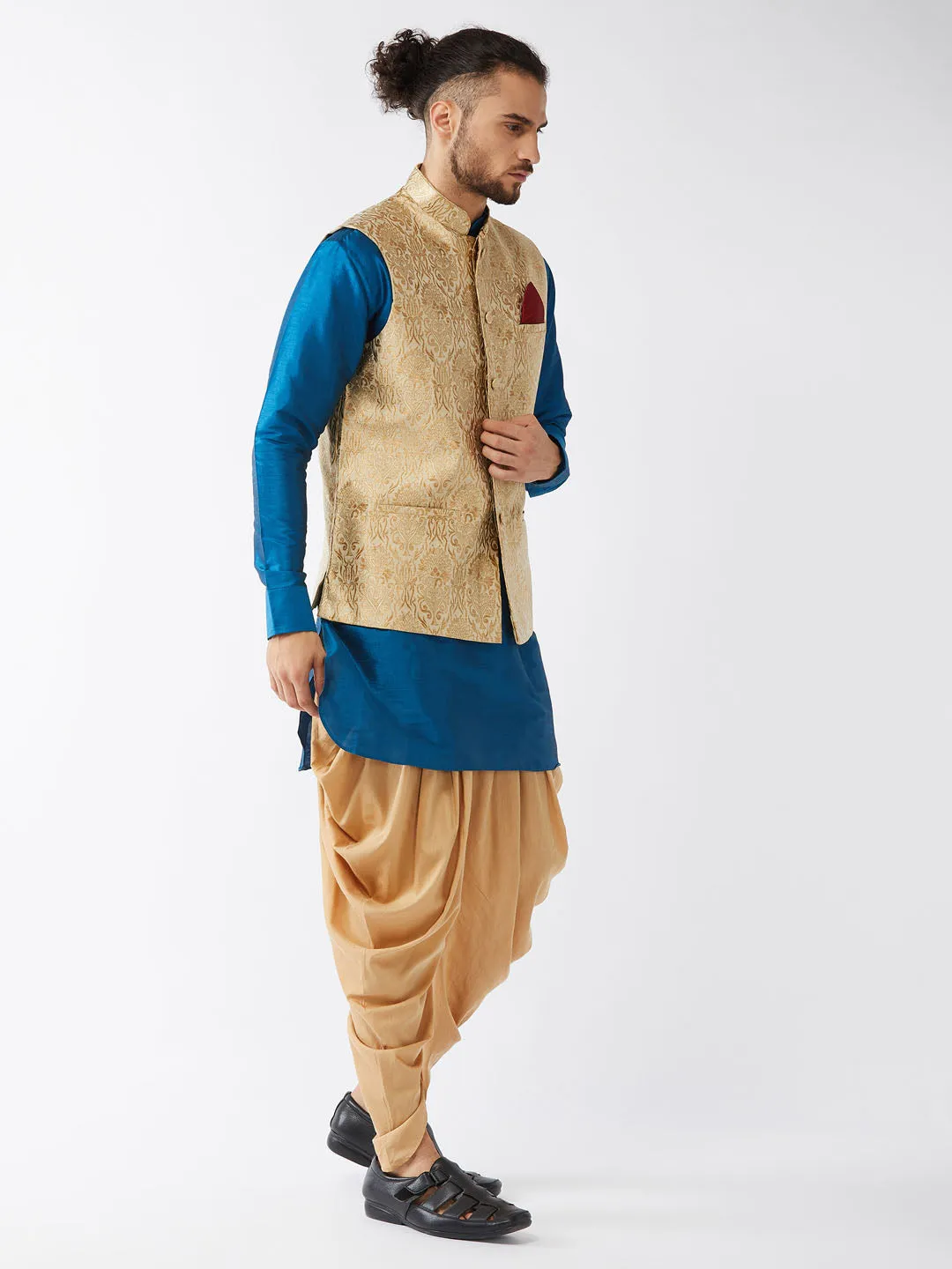 VM By VASTRAMAY Men's Rose Gold Jacquard Jacket With Kurta Dhoti Set