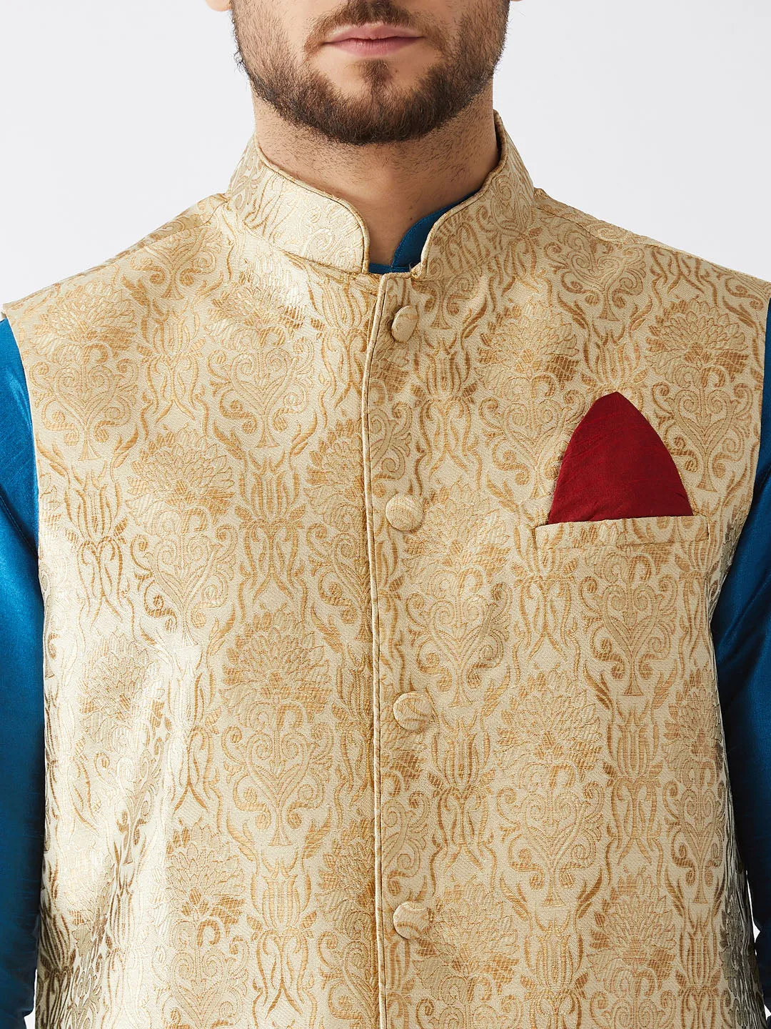 VM By VASTRAMAY Men's Rose Gold Jacquard Jacket With Kurta Dhoti Set