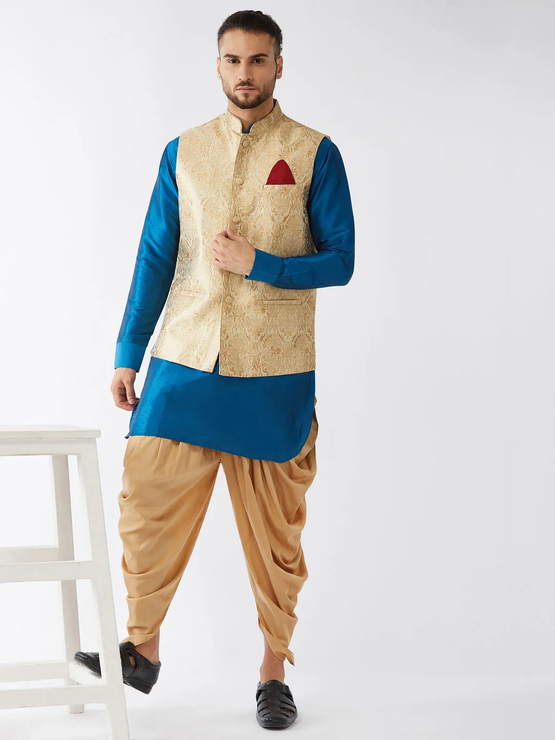 VM By VASTRAMAY Men's Rose Gold Jacquard Jacket With Kurta Dhoti Set