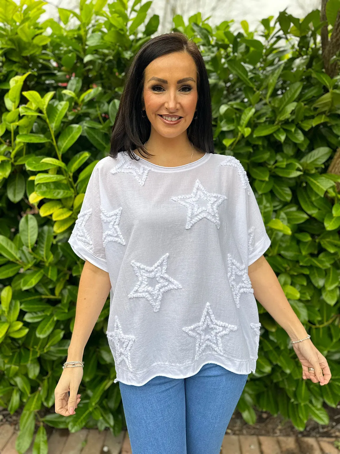 White Soft Star Round Neck Top Mia