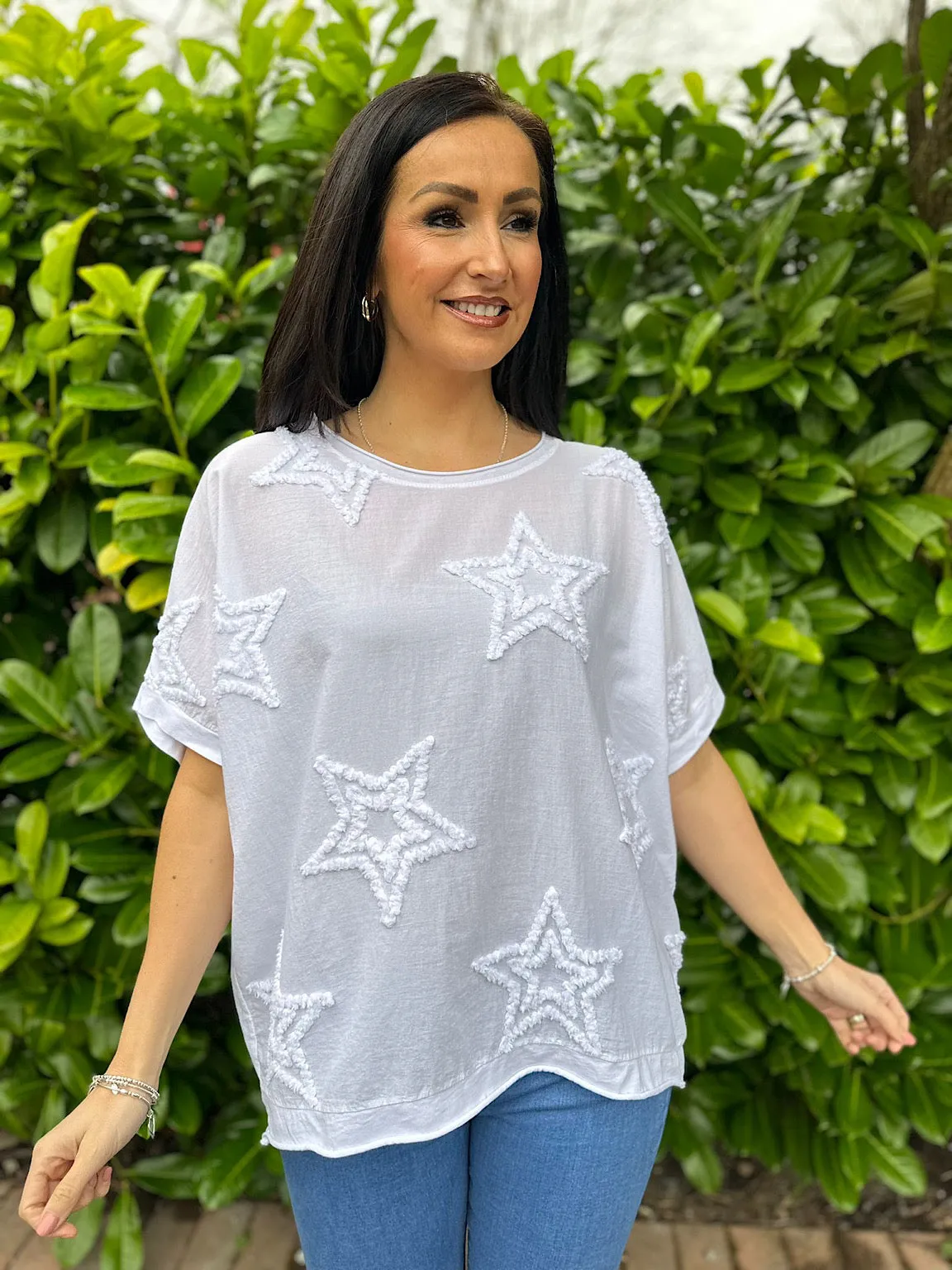 White Soft Star Round Neck Top Mia