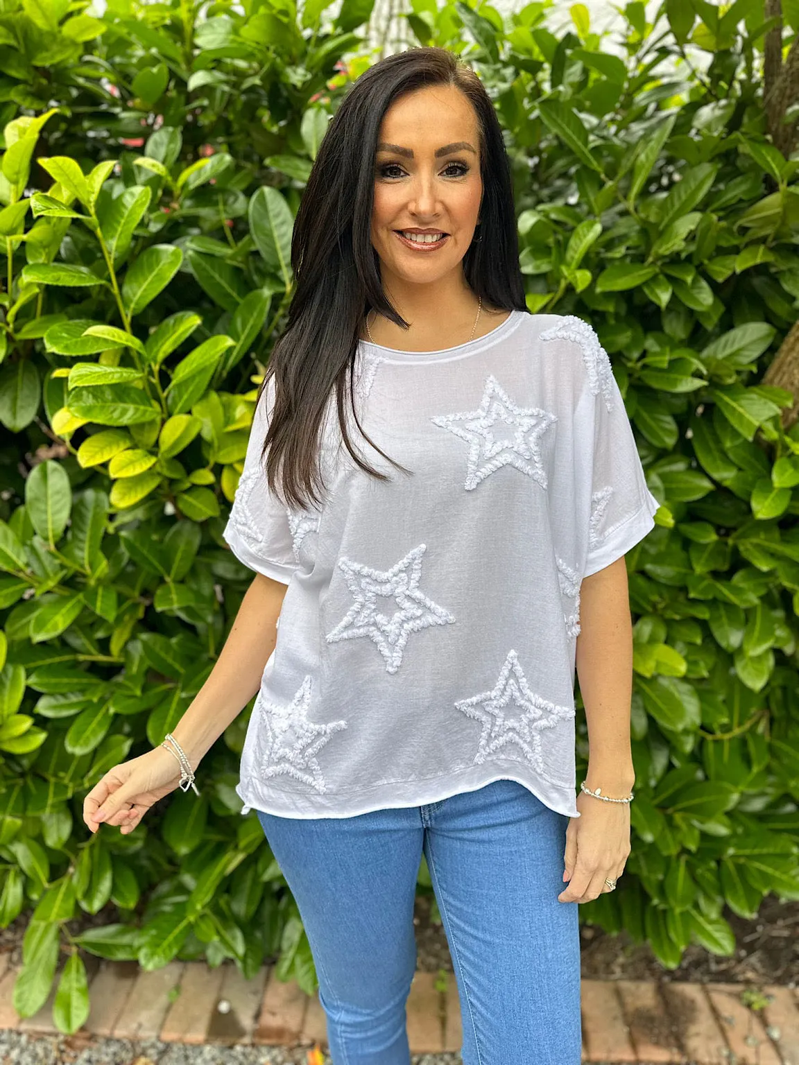 White Soft Star Round Neck Top Mia