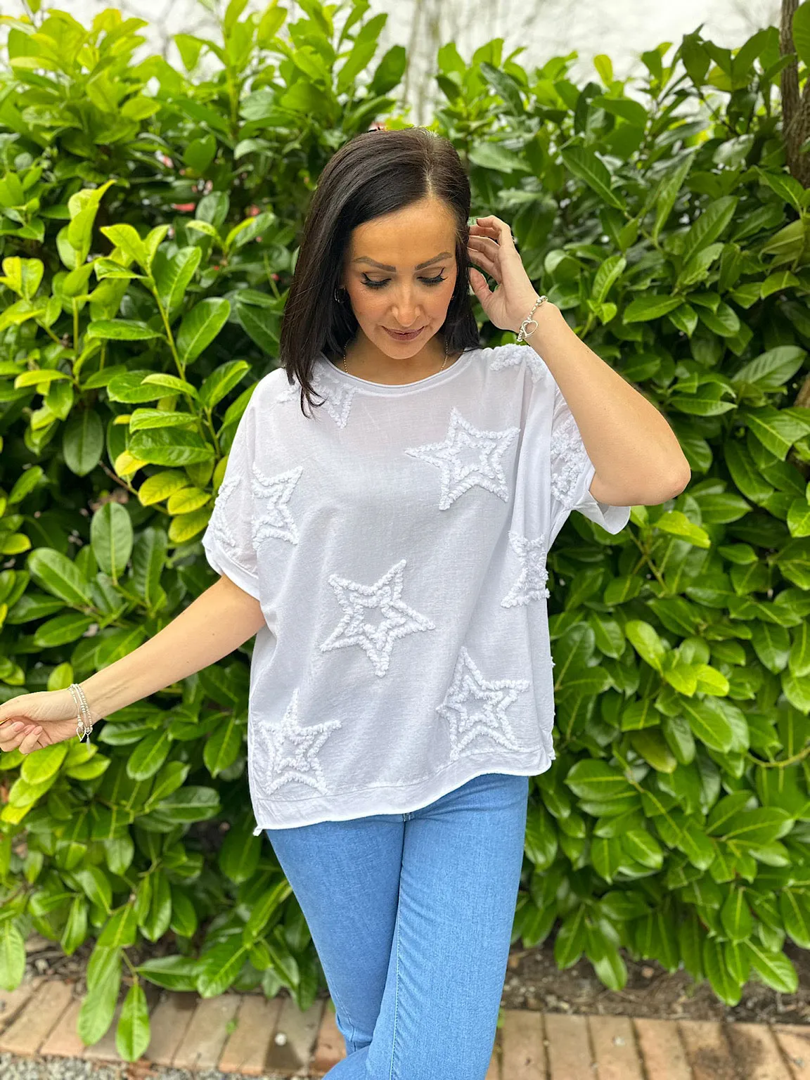 White Soft Star Round Neck Top Mia