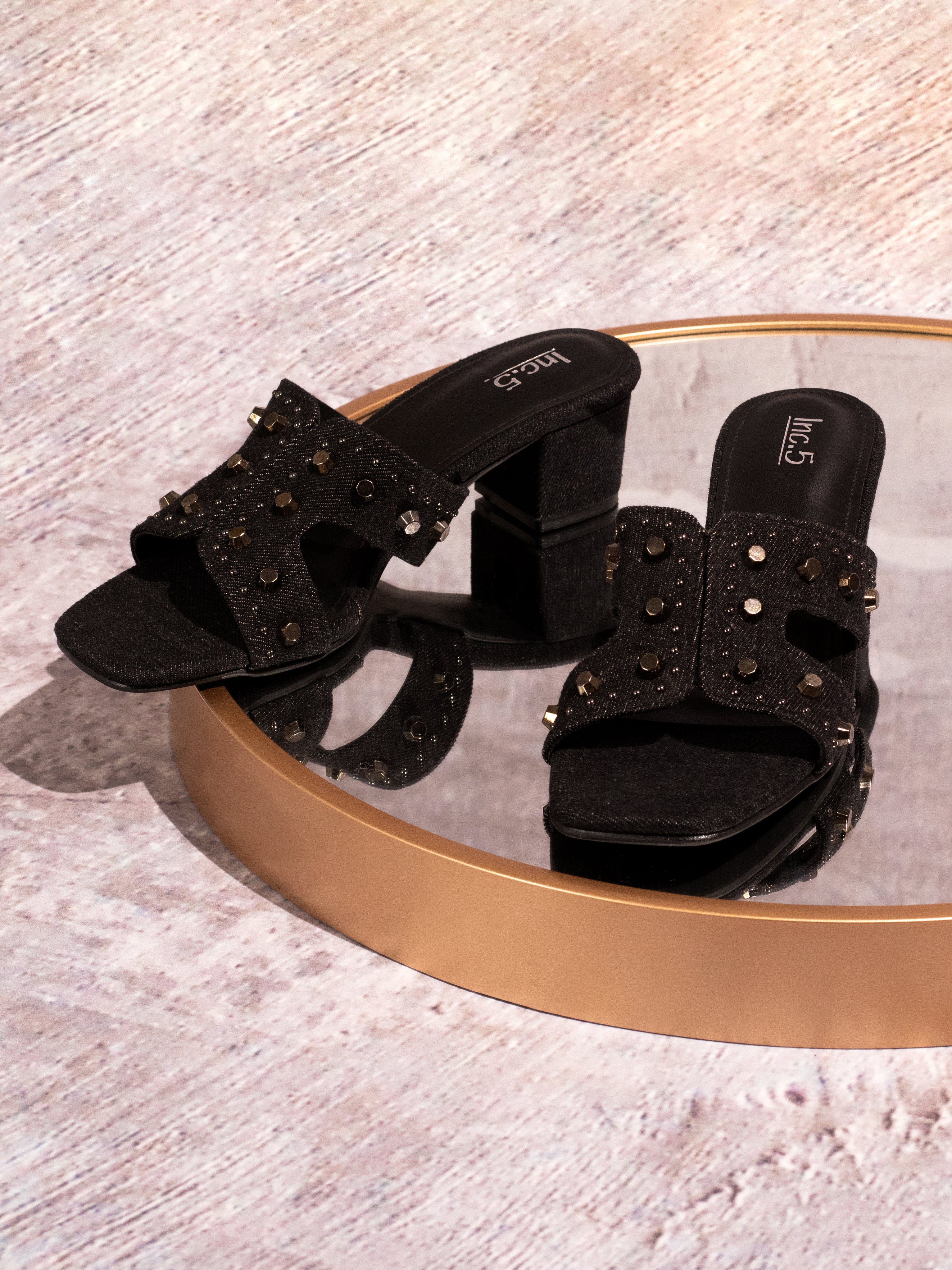 Women Black Denim Round Metal Studded Open Toe Block Heels