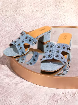 Women Blue Denim Round Metal Studded Open Toe Block Heels