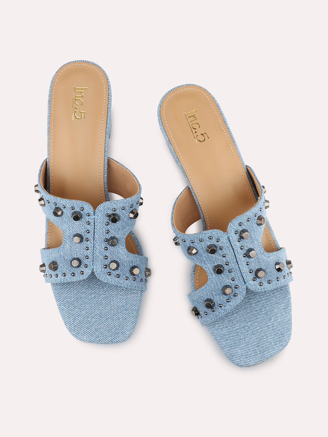 Women Blue Denim Round Metal Studded Open Toe Block Heels