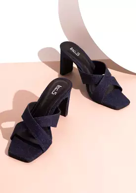 Women Navy Denim Criss-Cross Strap Block Heels