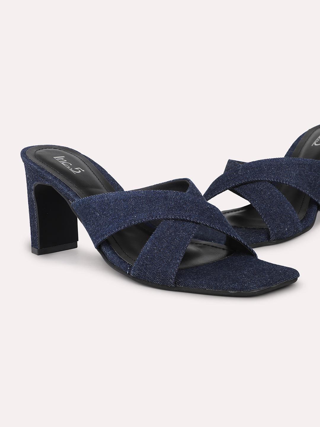 Women Navy Denim Criss-Cross Strap Block Heels