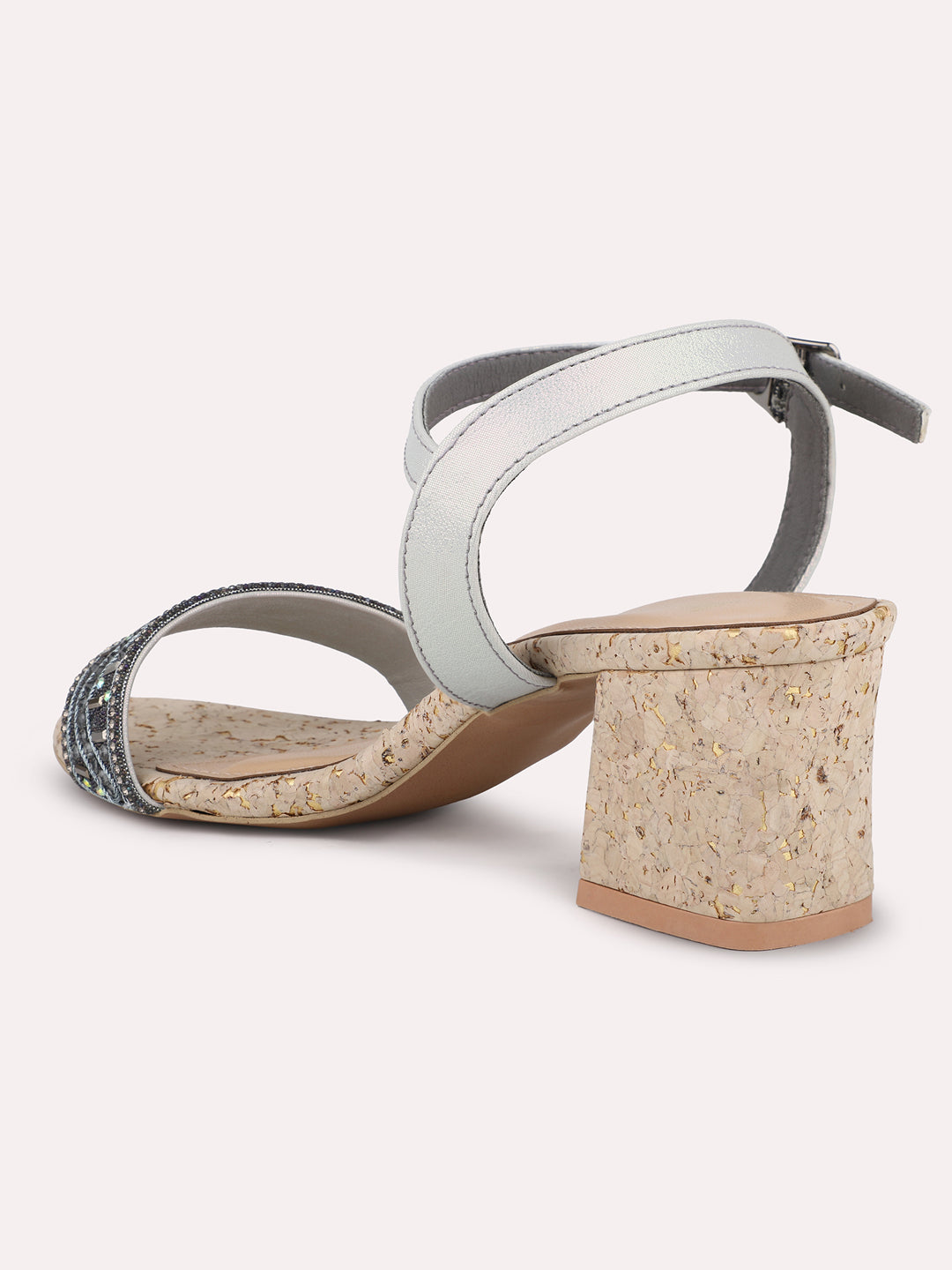 Women Pewter Embellished Cork Block Heels With Backstrap