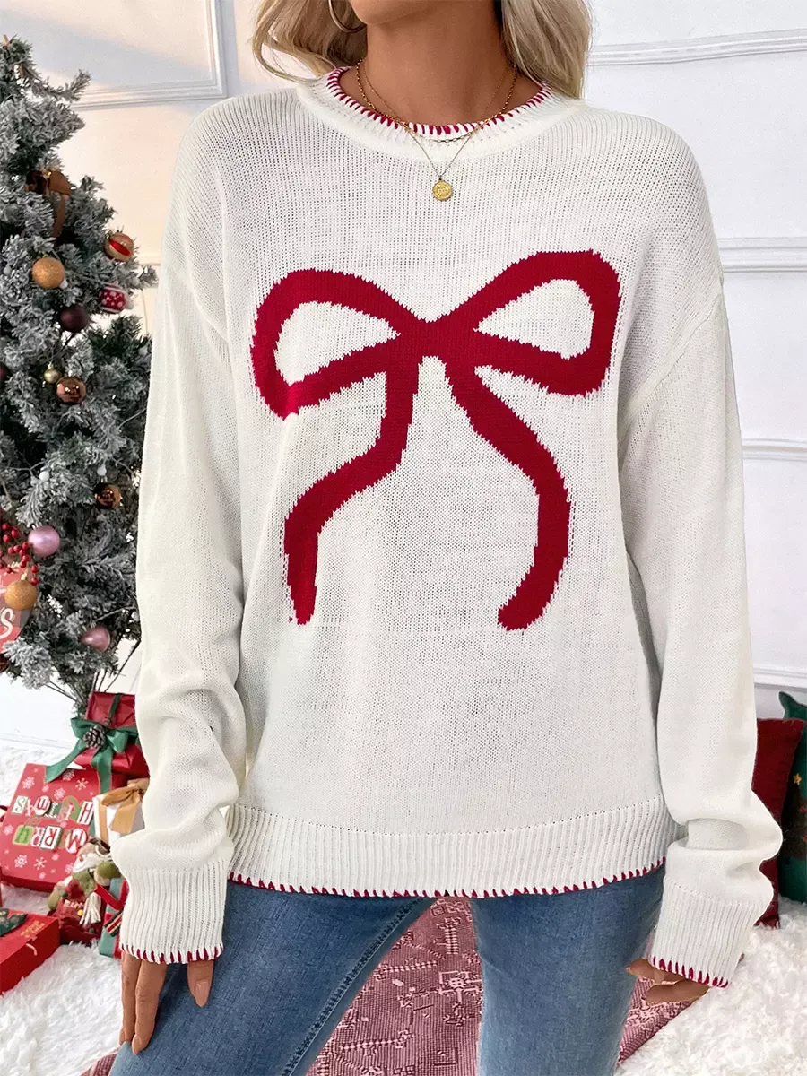 Women Pullover Sweater Ecru White Bows Geometric Jewel Neck Long Sleeves Layered Acrylic Sweaters