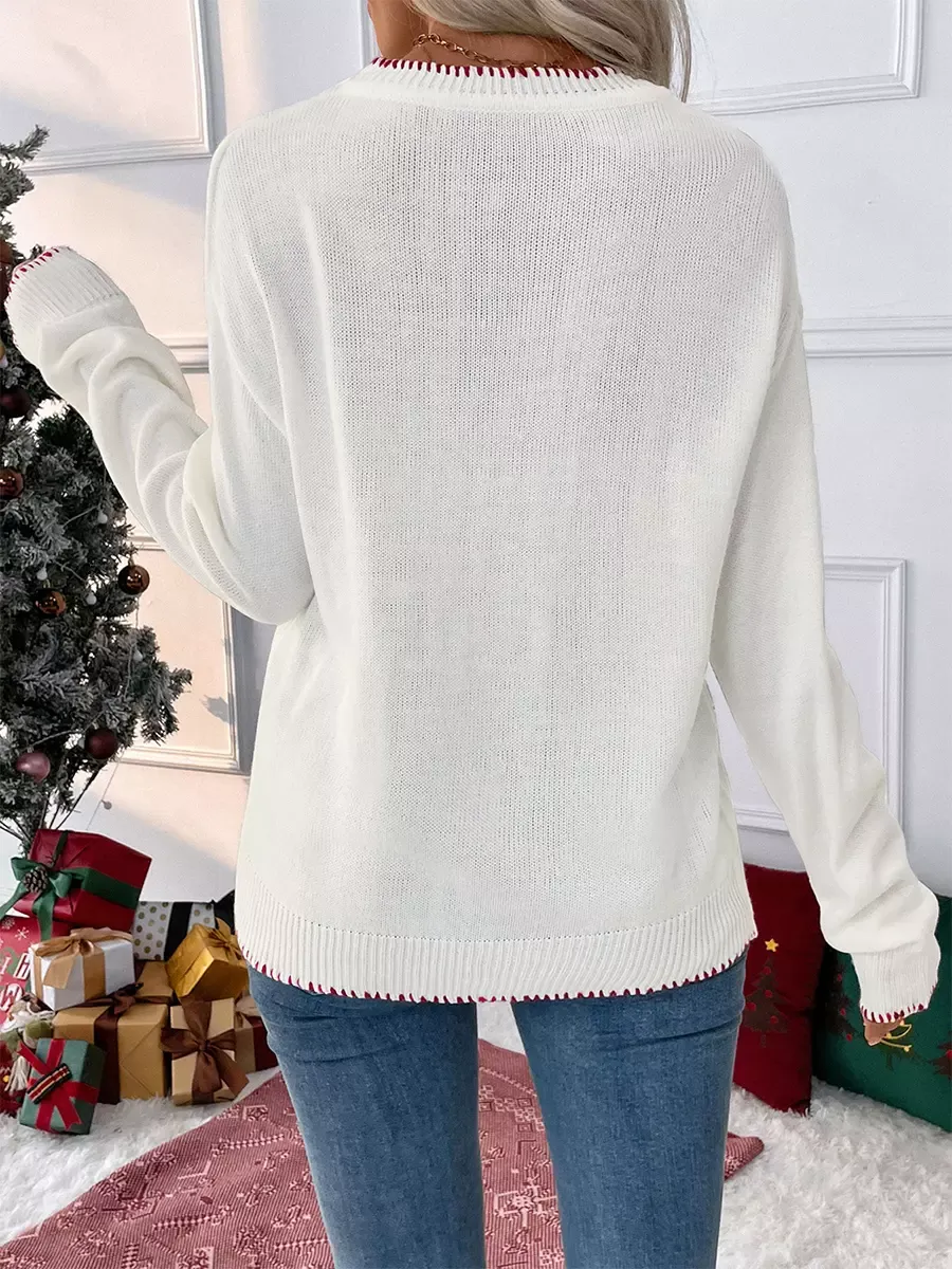 Women Pullover Sweater Ecru White Bows Geometric Jewel Neck Long Sleeves Layered Acrylic Sweaters