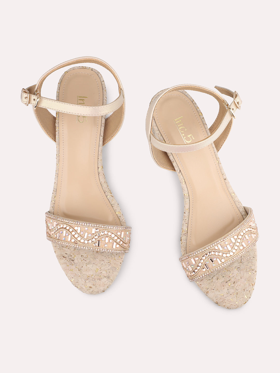 Women Rose Gold Embellished Cork Block Heels With Backstrap